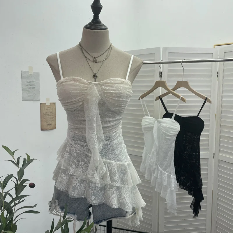 Uveng Real Shoot Sweet Spice Girls Irregular Lotus Side With Chest Pad Sling Vest Sexy Lace Sleeveless Top 1139