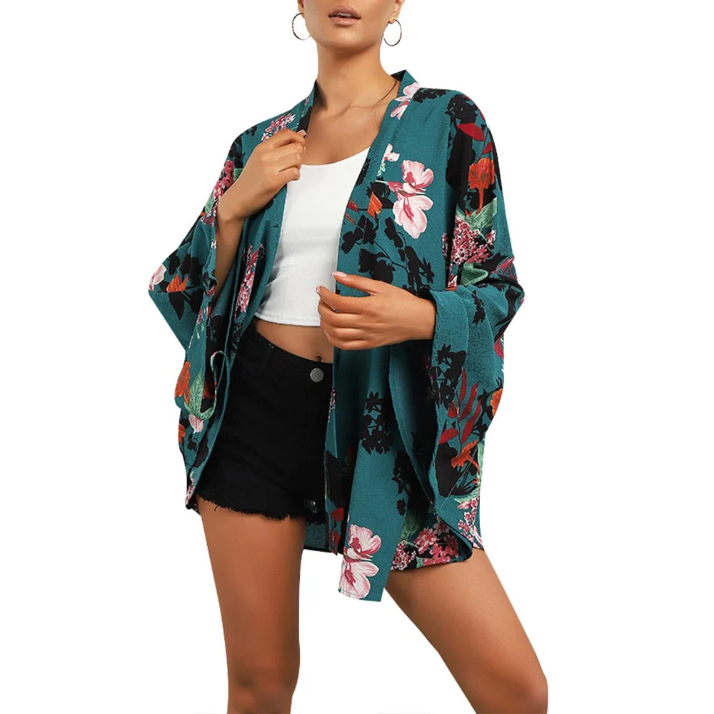Women Boho Print Floral Beachwear Kimono Cardigan Loose Long Sleeve Shawl Capes Blouse Bikini Cover Wrap Outdoor Thin Coat D30