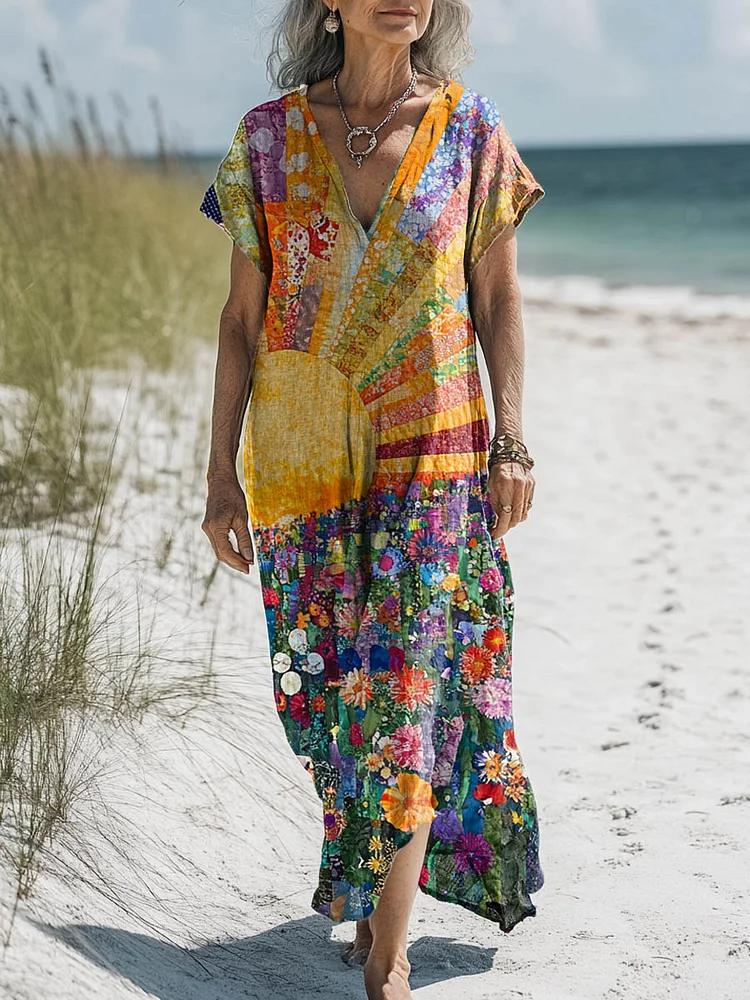 Women's Vintage Lovely Sun Floral Patchwork Art Print Pocket Cotton Dress