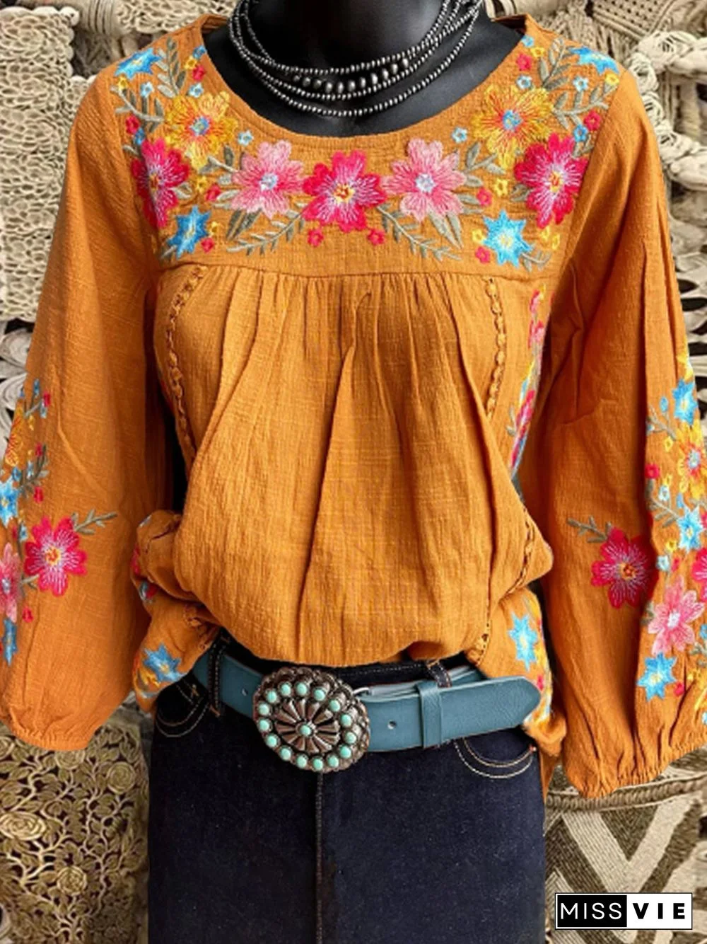 Boho Vintage Flowers A-Line 3/4 Sleeve Tops