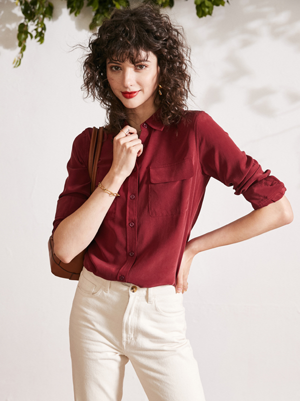 Red Silk Shirt Women Double Pockets French Style