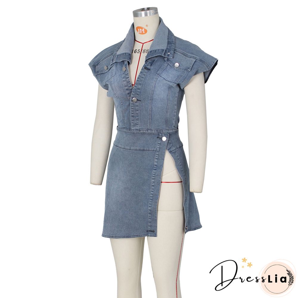 Sleeveless Short Top with Split Skirt Denim Suit