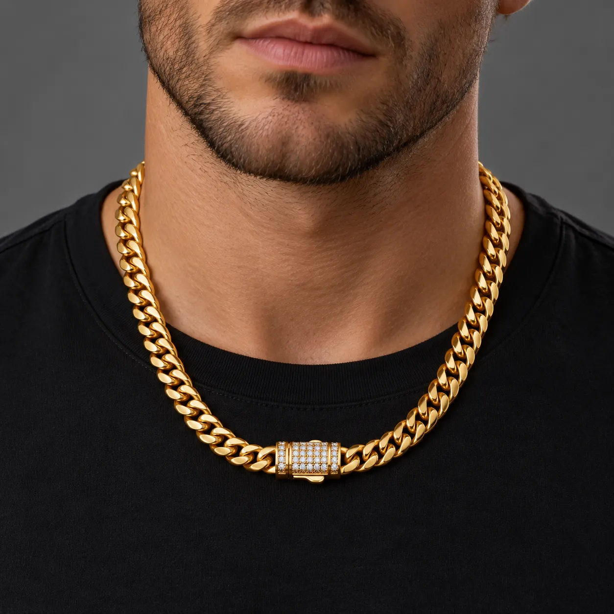  Men&rsquo;s Gold-Tone Titanium Steel Miami Cuban Link Chain Necklace with Decorative Clasp, 6&ndash;14mm