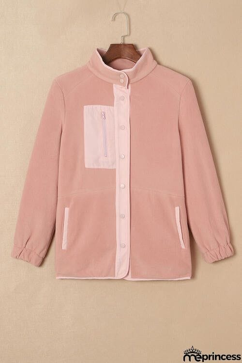 Mock Neck Snap Button Jacket with Pocket