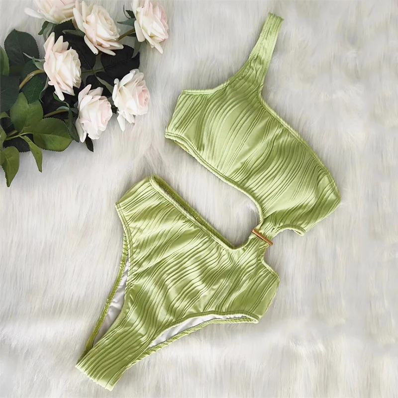 Uveng Uveng New Solid Color One-Shoulder One-Piece Swimsuit Sexy Ladies Bikini