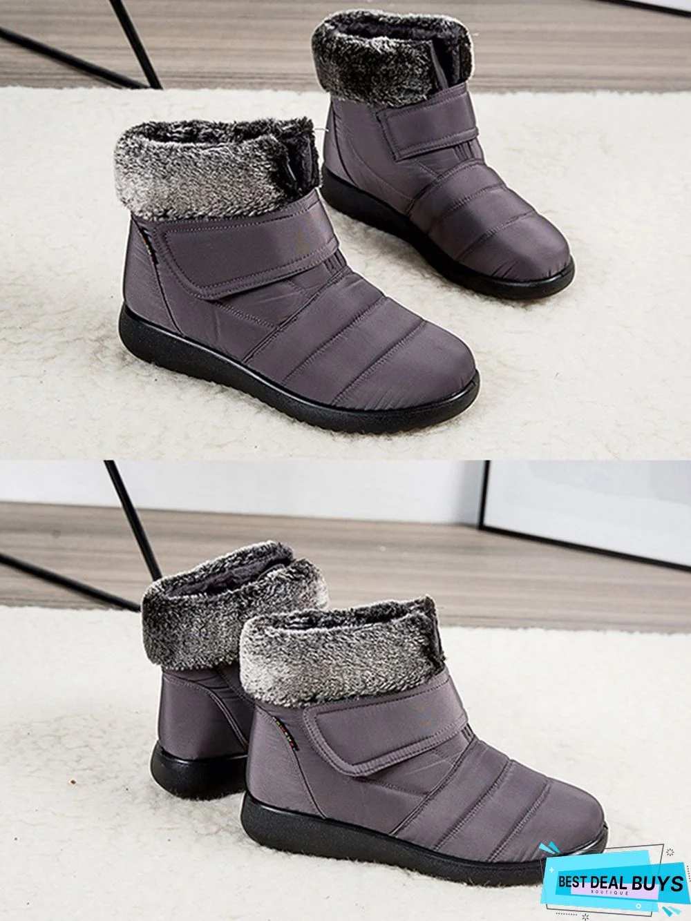 Faux Fur Cuff Snow Boots with Hook and Loop