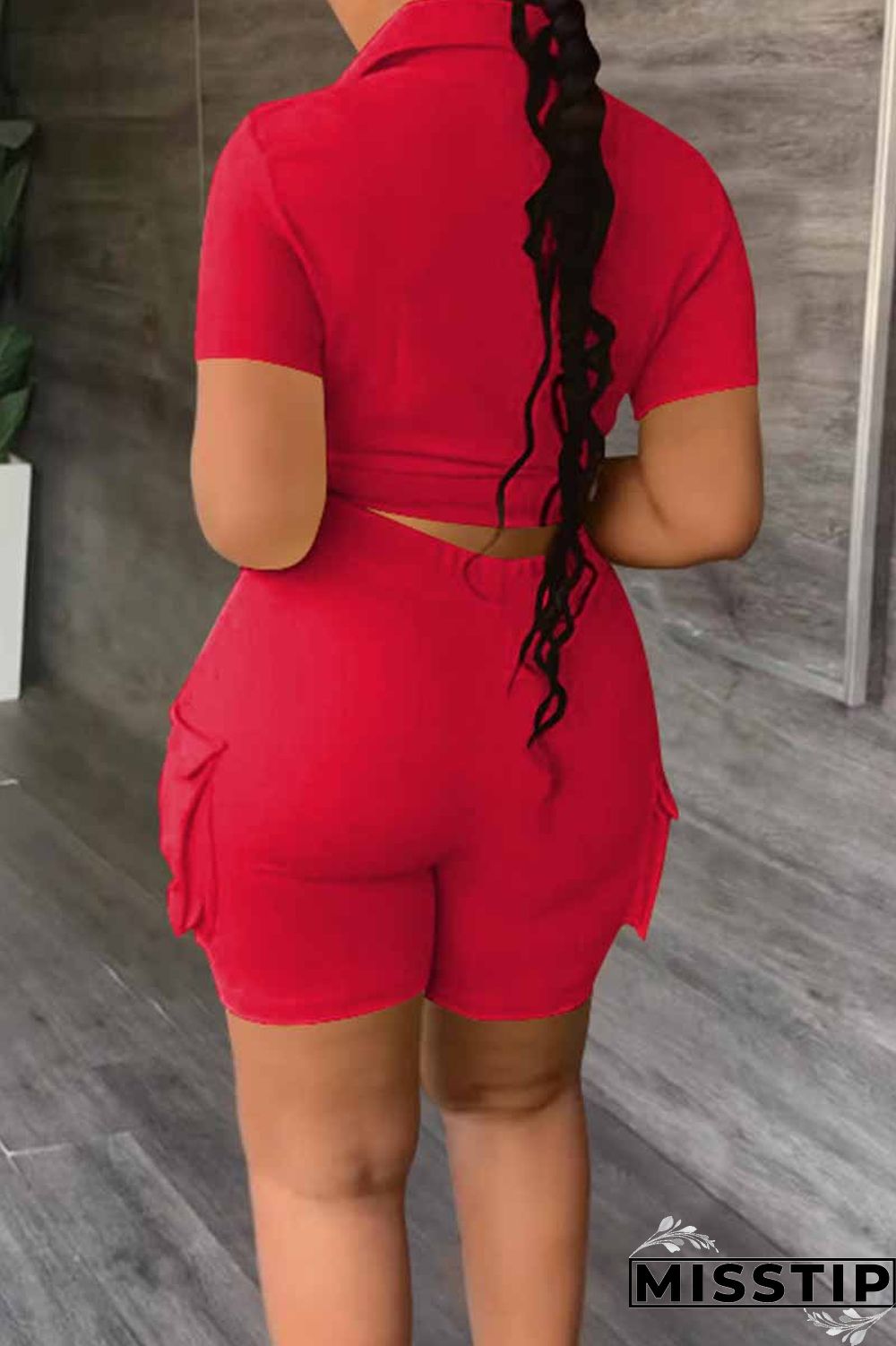 Red Casual Street Print Letter Turndown Collar Short Sleeve Two Pieces