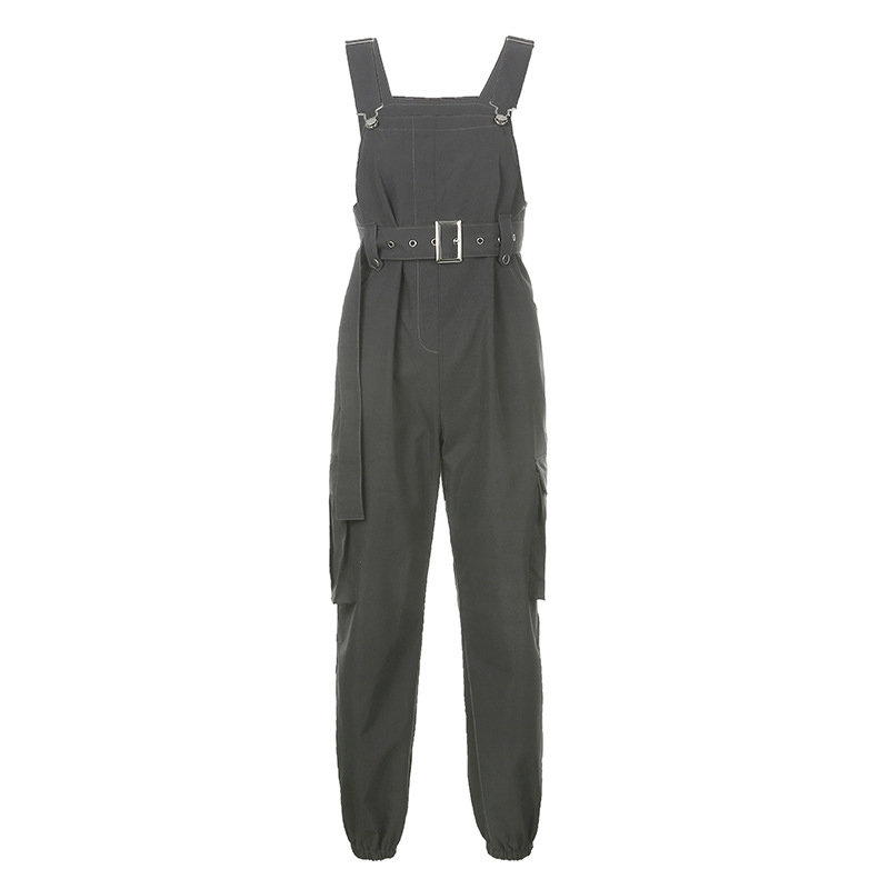 Pure Color Pocket Belted Casual Overalls