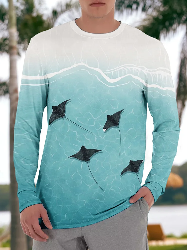 Men's Hawaii Gradient Ocean Manta Ray Print Long Sleeve T-Shirt