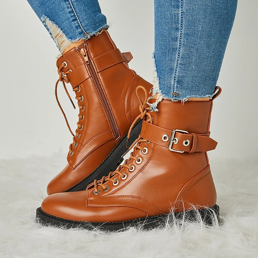 Women's Fashion Buckle Combat Leather Boots