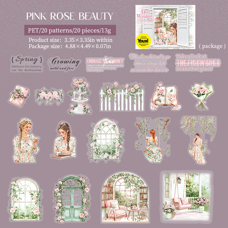 PET Sticker - The Girl Outside The Windowsill Series Vintage Flower Character Landscape 
