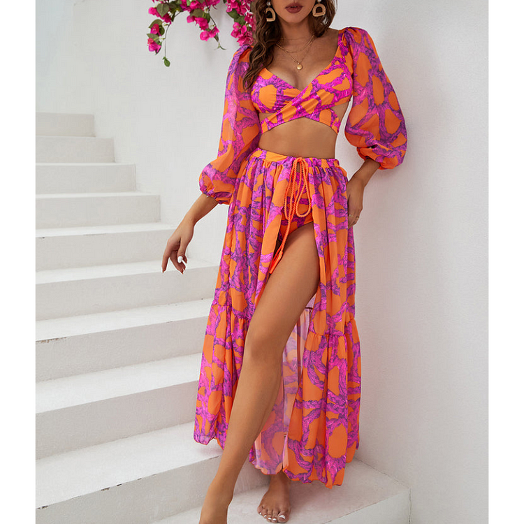 Long Sleeve V Neck Printed Bikini Swimsuit and Skirt Flaxmaker