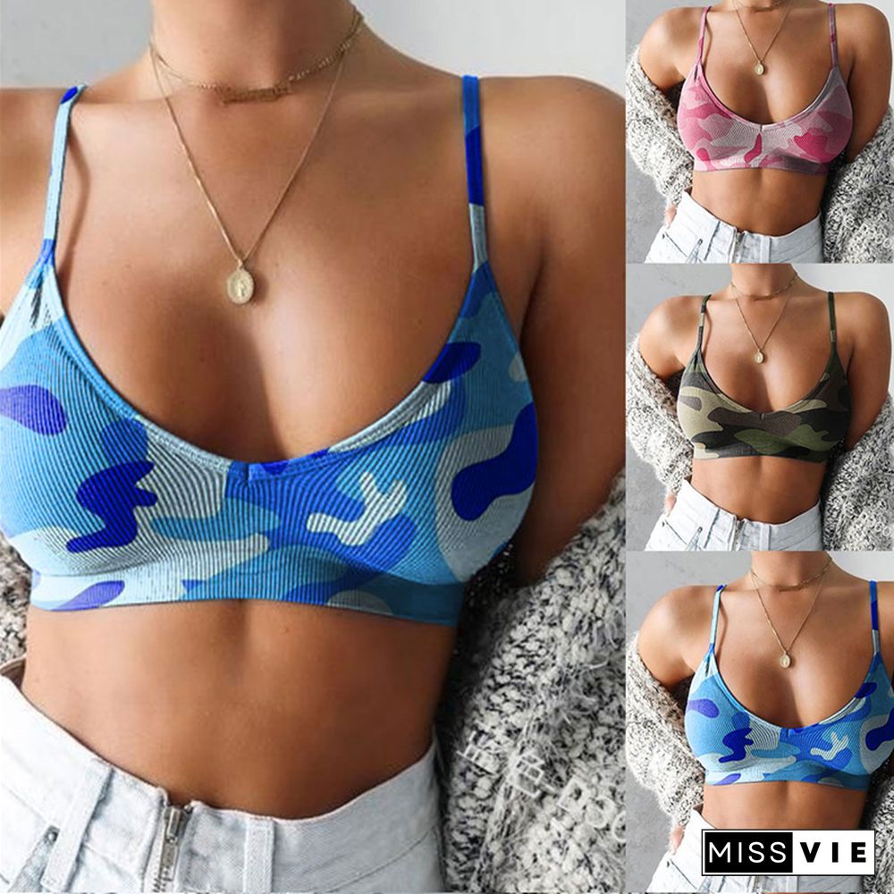 S-4Xl Women Underwear Bra Sexy Camouflage Spaghetti Strapped Bra Top Without Steel Ring Summer Autumn Casual Sportwear Plus Size