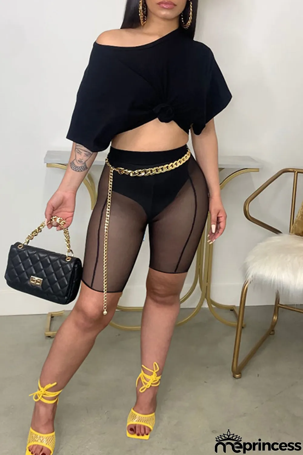 Black Sexy Solid Split Joint O Neck Short Sleeve Two Pieces