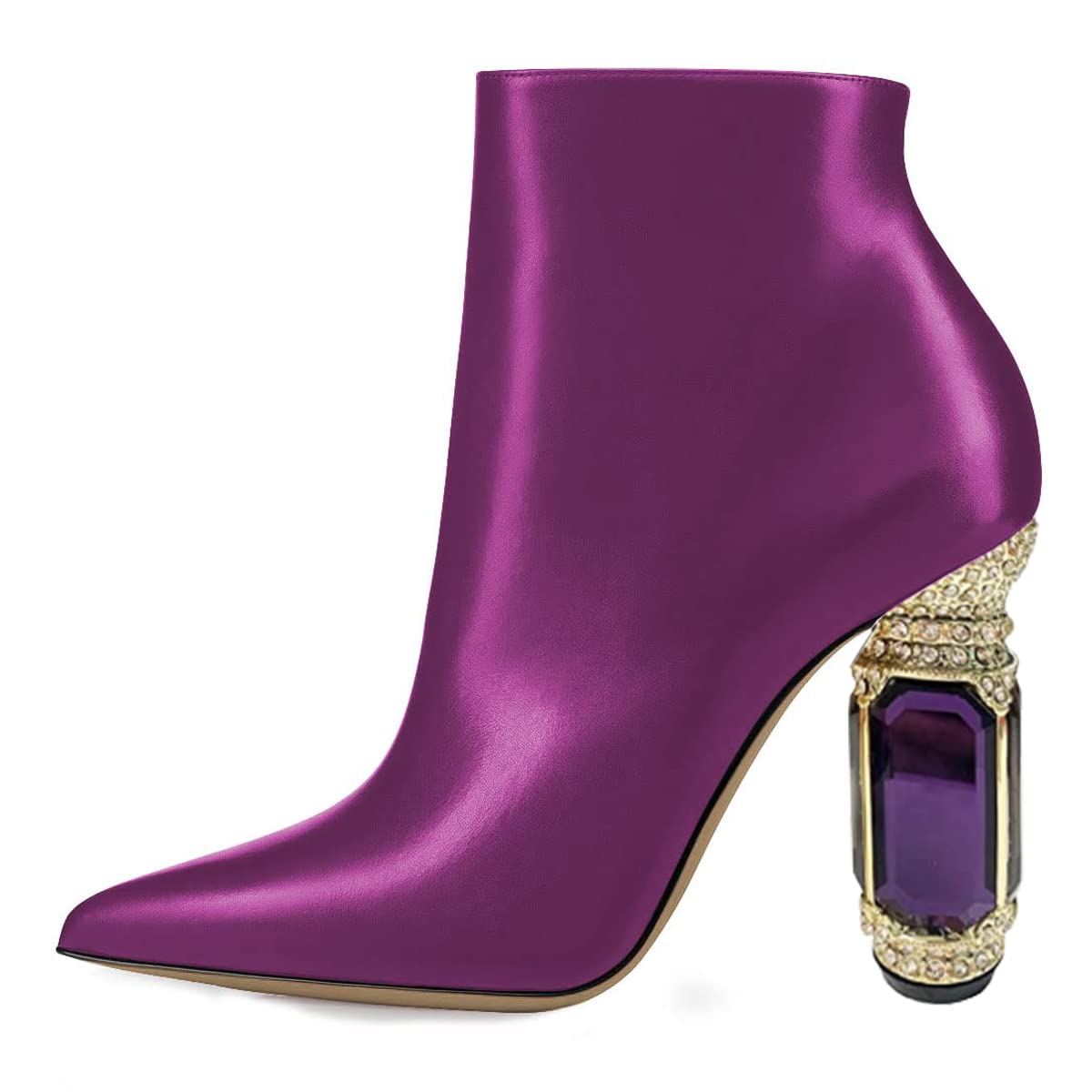 Purple Pointed Toe Zipper Ankle Boots with Decorative Heels Nicepairs