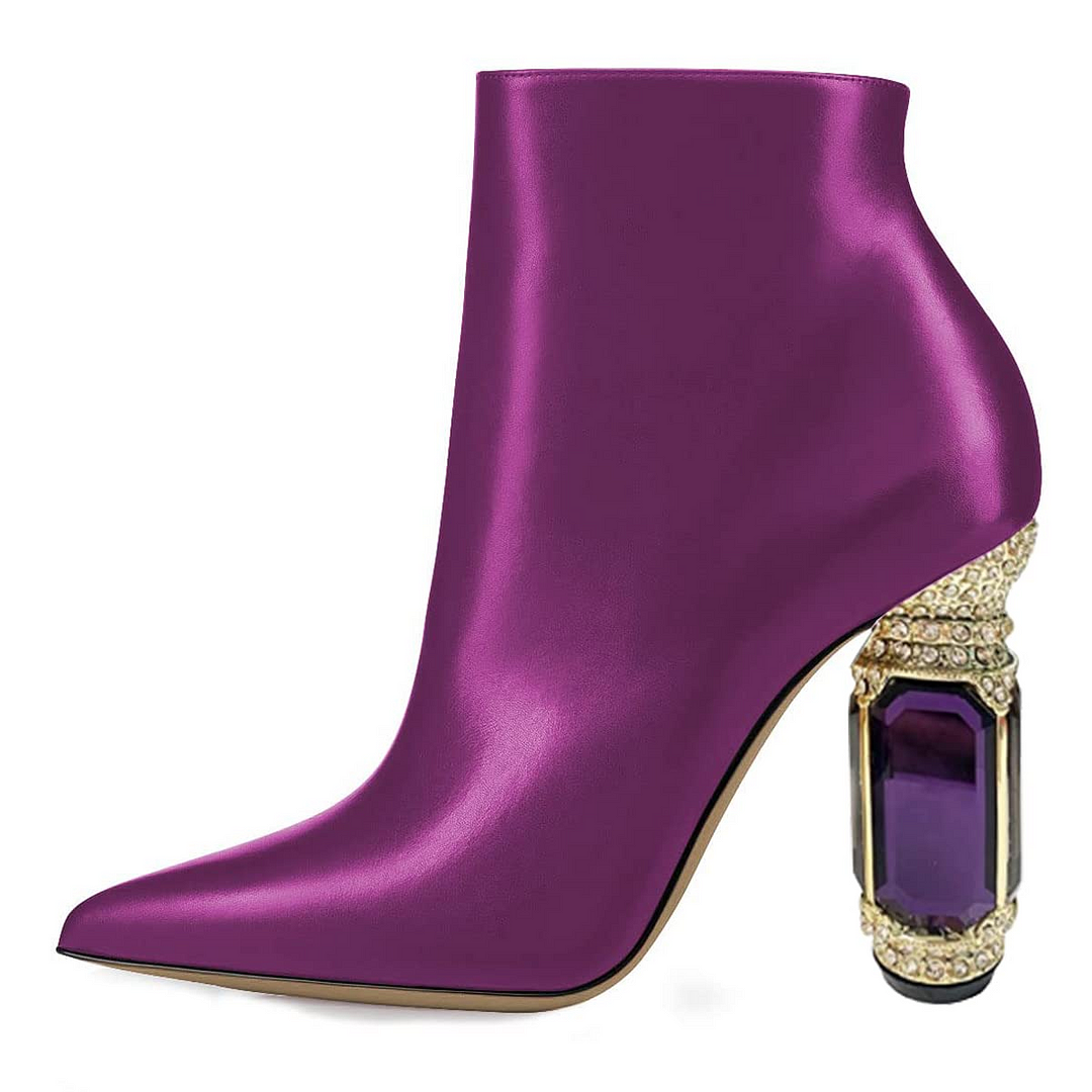 Purple Pointed Toe Zipper Ankle Boots Decorative Heels