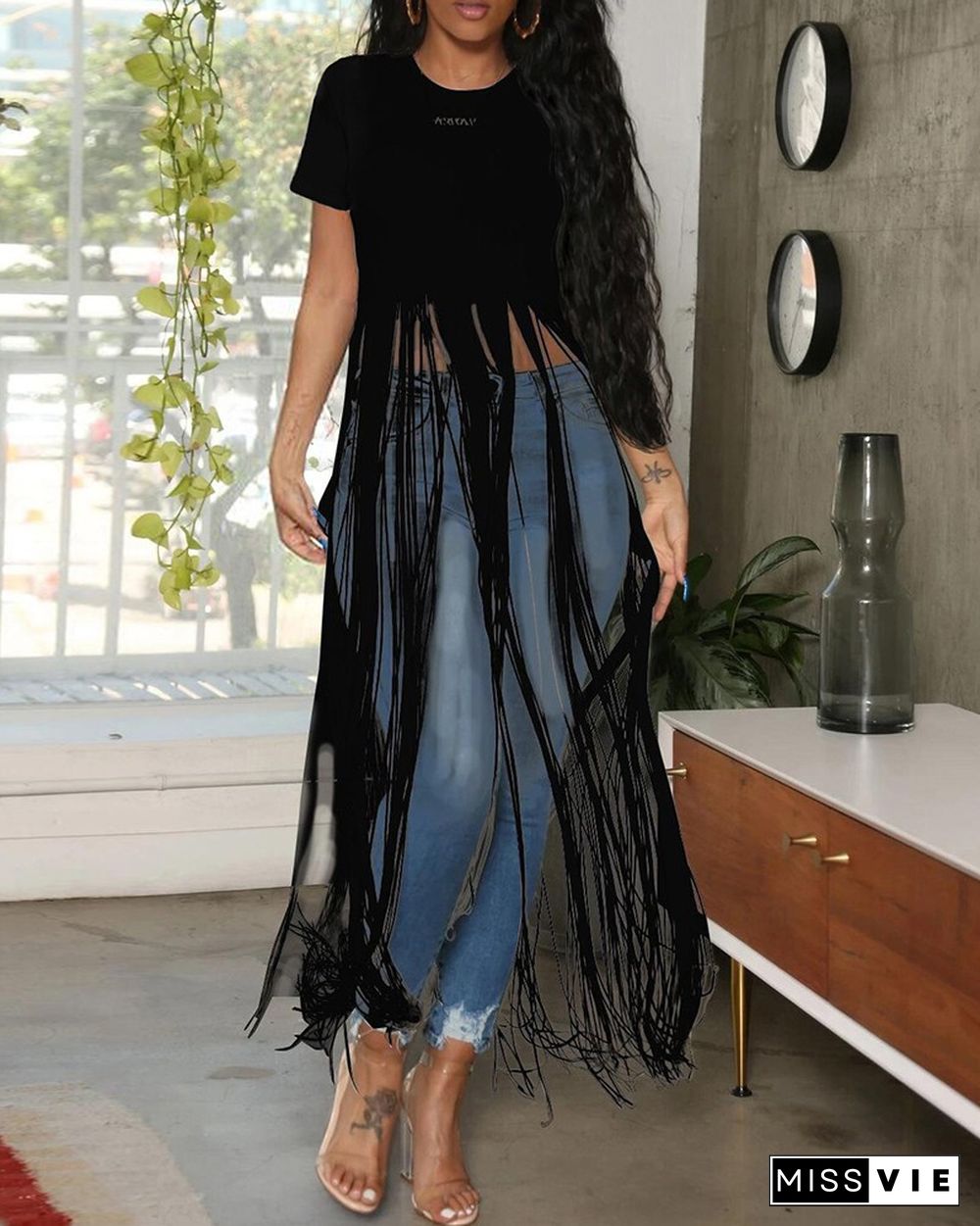 Short Sleeve Tassel Design Asymmetrical Top