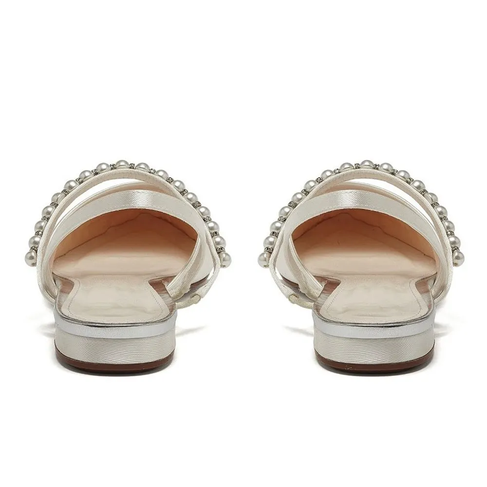 Pointed Toe Pearl Ribbon Silk Slides
