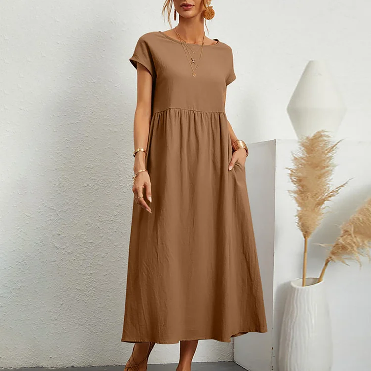 VChics Solid Color Loose Cotton And Linen Pocket Dress