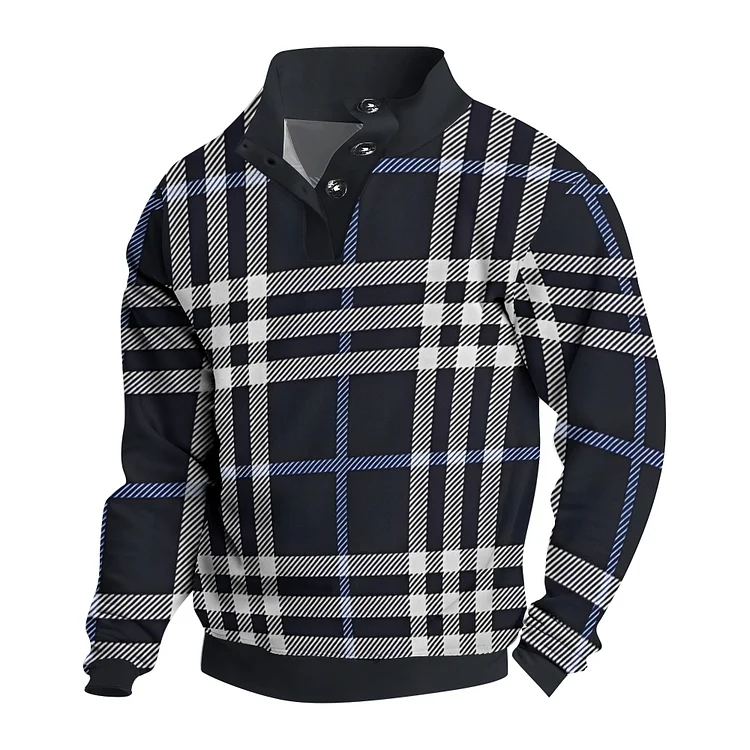 Men's  Stripes Casual Printed Button Stand Collar Sweatshirt
