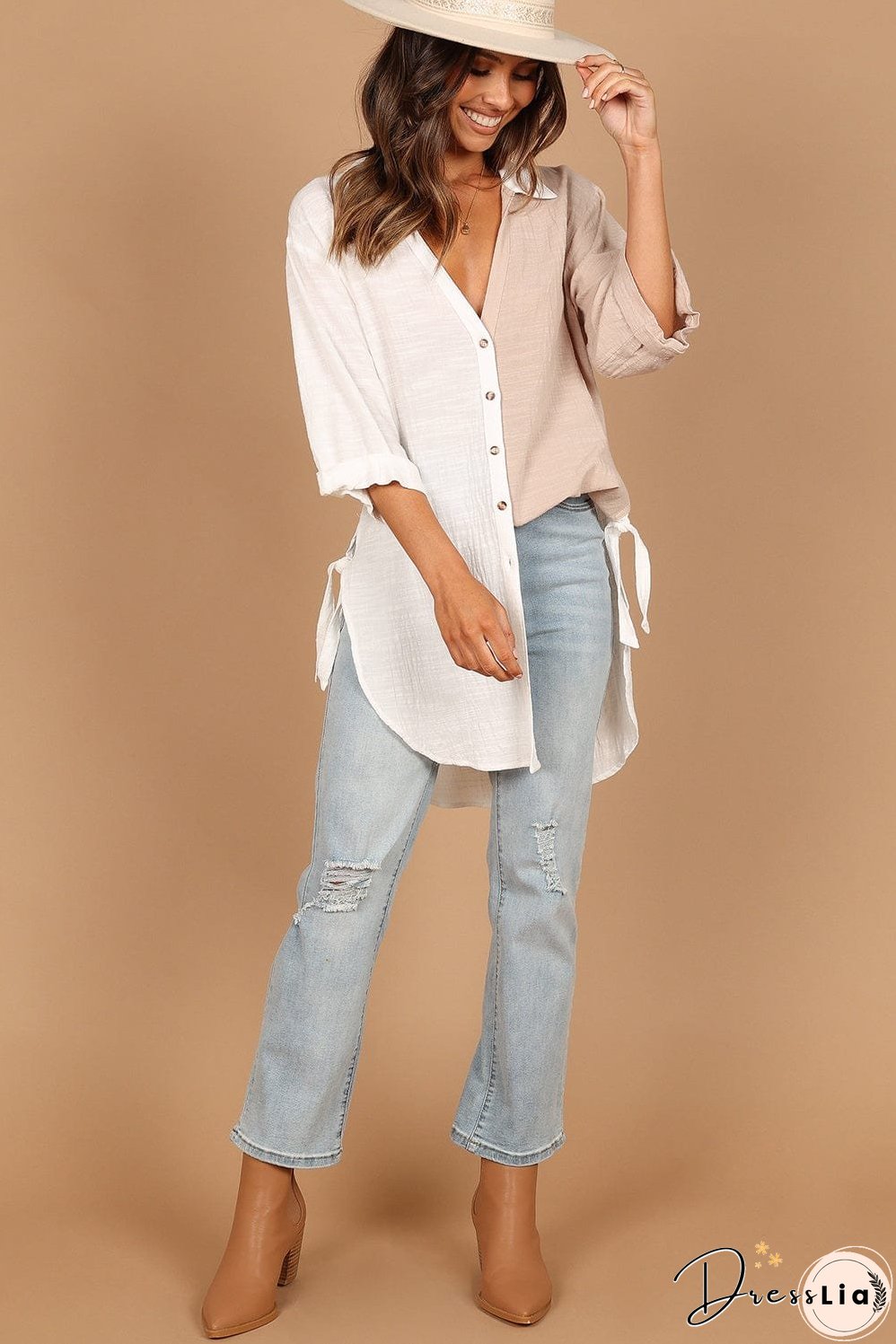 Three-Quarter Sleeve Linen Cotton Blend Top