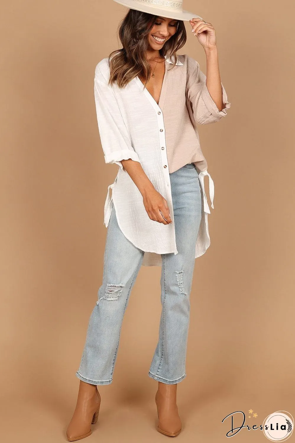 Three-Quarter Sleeve Linen Cotton Blend Top