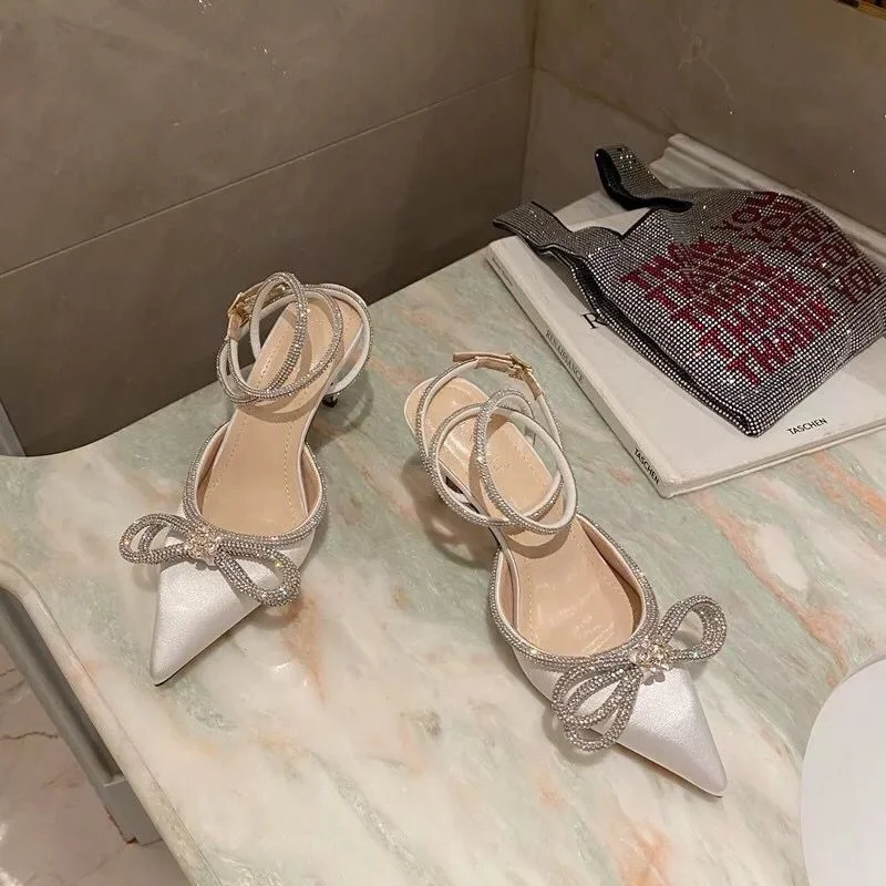 Yyvonne New Fashion Pointy Bow Water Drill High Heels Silk Stumbling Buckle Fine Women Sandals French