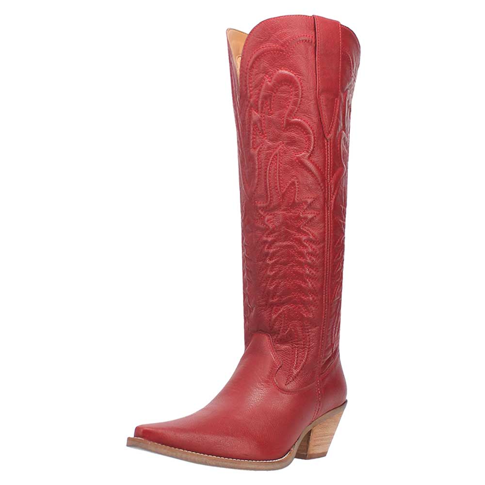 Red Embossed Snip Toe Chunky Heel Knee High Pull-On Cowgirl Boots