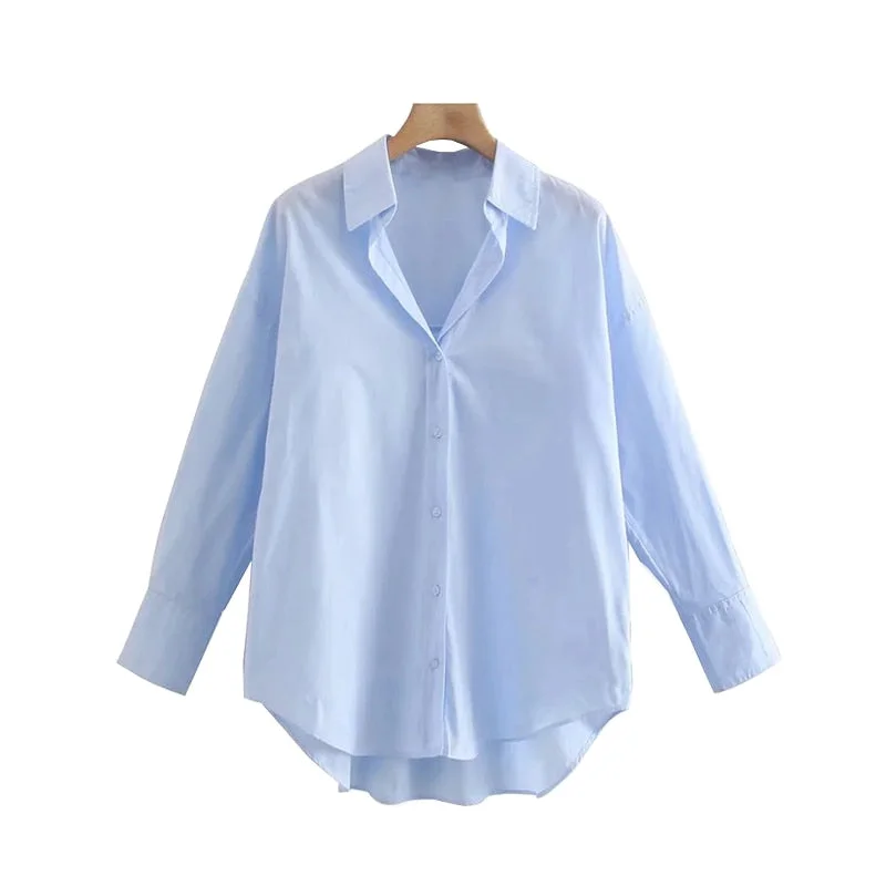 TRAF Women Fashion Loose Asymmetry Poplin Blouses Vintage Long Sleeve Button-up Female Shirts Blusas Chic Tops