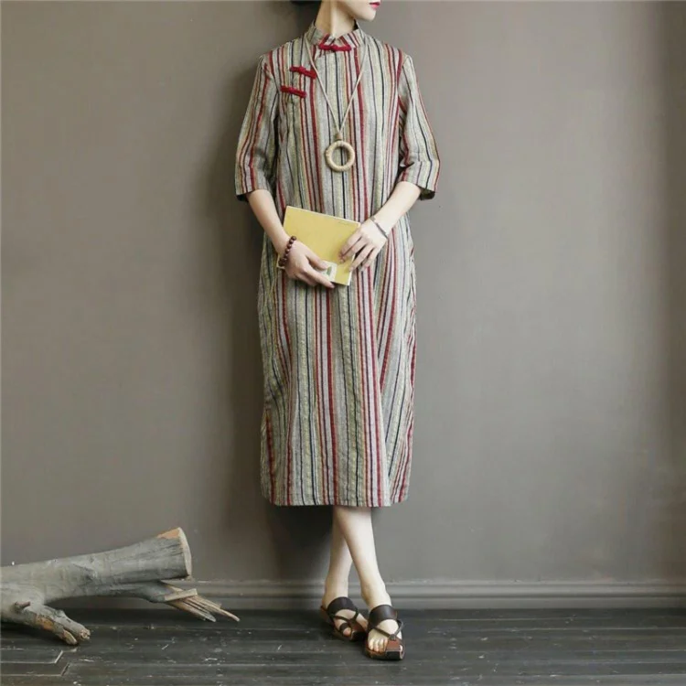 Loose stand collar cotton summer Tunics Wardrobes gray striped Art Dresses