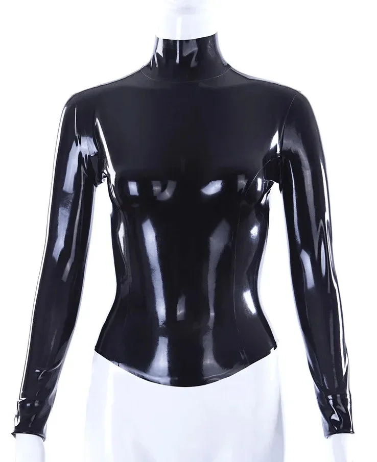 Women Latex Tops Long Sleeve Black High-Neck Top
