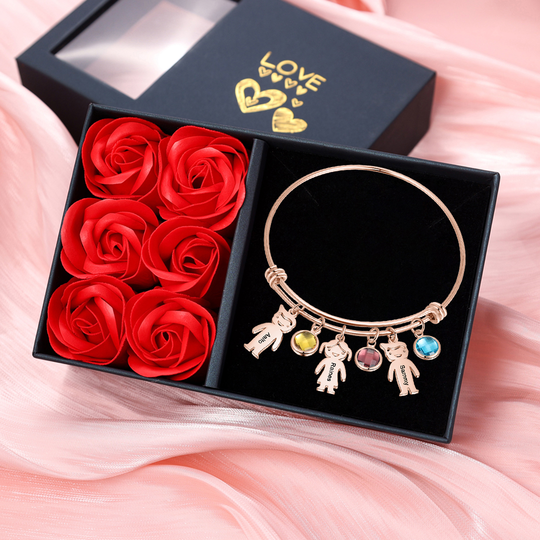 Women Bangle Bracelet with Kids Charms 3 Birthstones Engraved 3 Names Rose Box Set