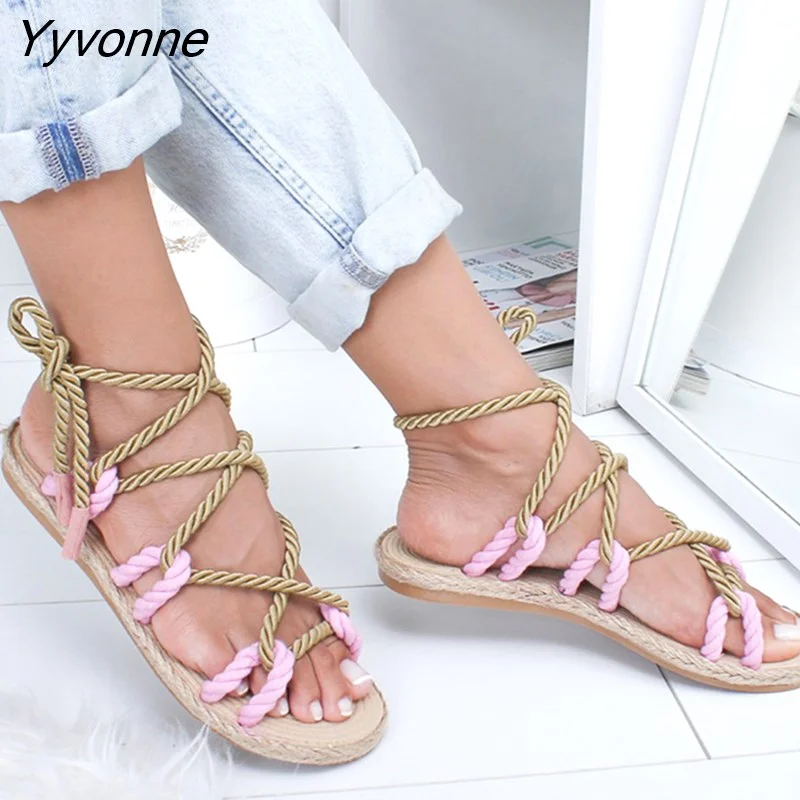 Yyvonne Women Sandals 2023 Fashion Summer Shoes Woman Flat Sandals Hemp Rope Lace Up Gladiator Sandals Non-slip Beach Chaussures Femme