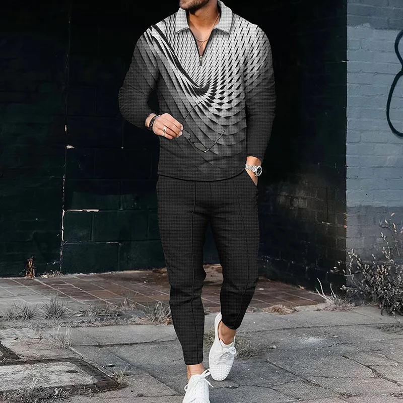 Men's Dark Gradient Polo Shirt And Pants Two Piece Set