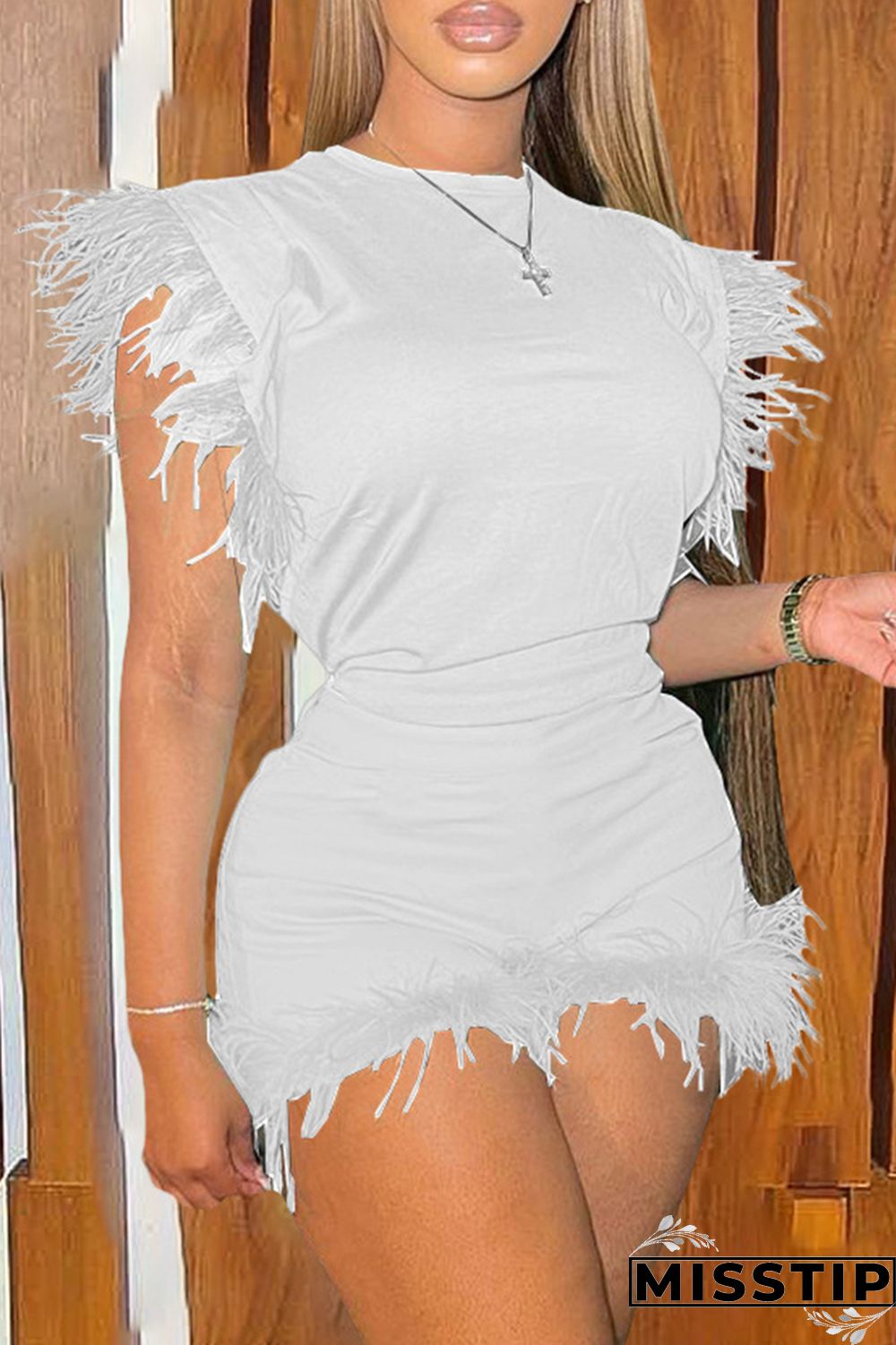 Sky Blue Fashion Casual Solid Patchwork Feathers O Neck Sleeveless Two Pieces