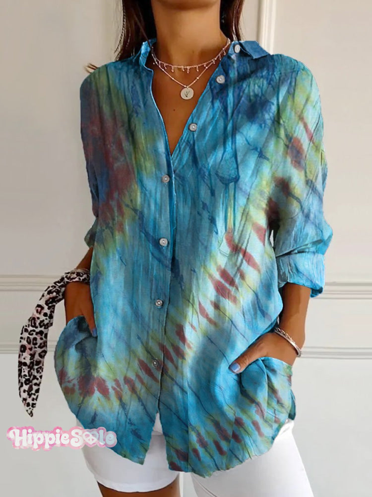 Women’s Striped Tie Dye Print Casual Cotton Shirt Multicolor / S