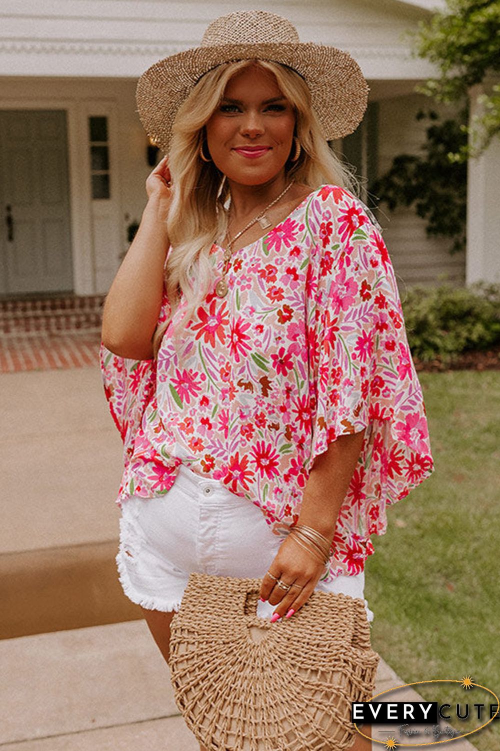 Pink Floral Ruffled Half Sleeve V-Neck Plus Size Blouse