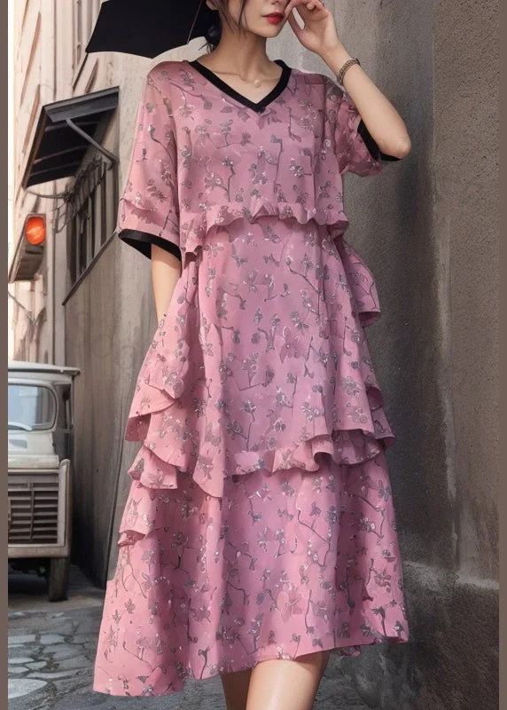 Italian Pink Ruffled Print Cotton Long Dresses Summer