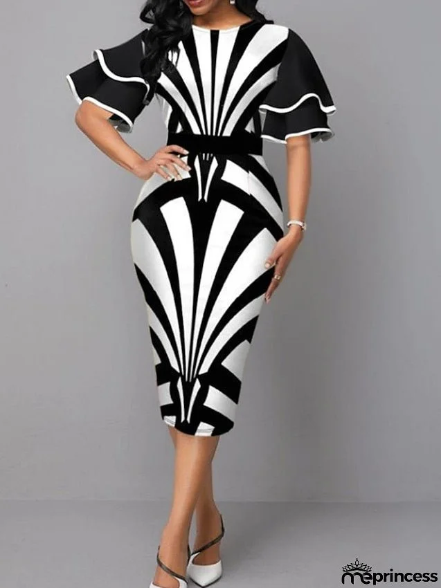 Work Dress Sheath Dress Semi Formal Dress Fashion Flared Sleeve Midi Dress Ruffle Print Crew Neck Half Sleeve Color Block Sunflower Slim White Red Summer Spring S M L XL XXL for Women