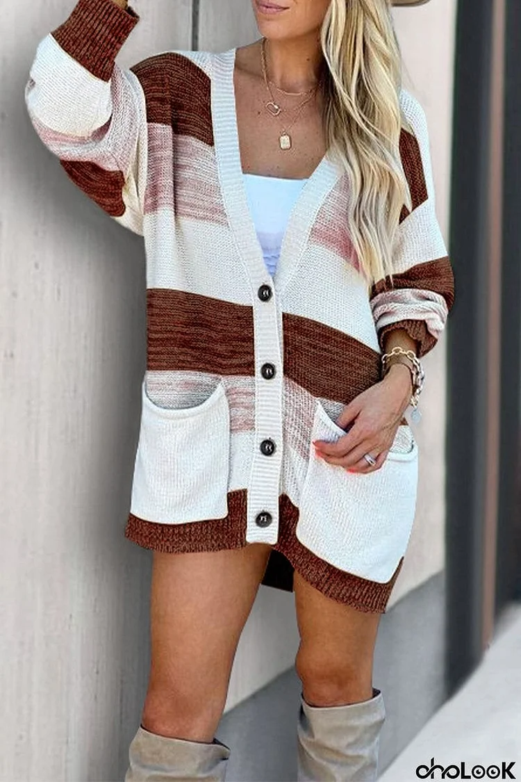 Casual Plaid Patchwork V Neck Cardigans(7 Colors)