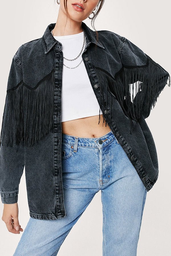 Casual Fringe Panel Loose Black Denim Long Sleeve Jacket