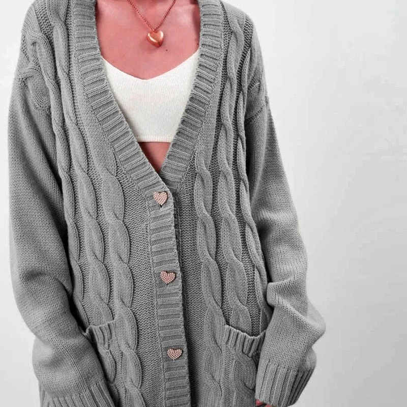 WannaThis Women Striped Jacquard Cardigans Sweater Autumn 2021 Oversize Loose Streetwear Korean Fashion Button Pockets Sweater