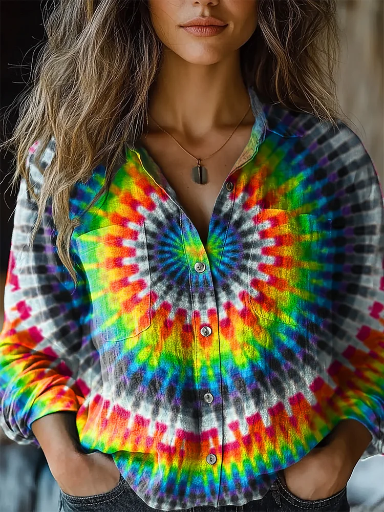 Women's Trippy Tie Dye Kaleidoscope Print Casual Long Sleeve Comfortable Cotton Shirt