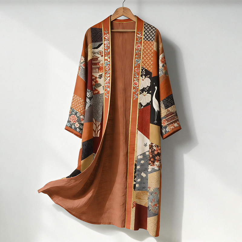 Men's Retro Japanese Patchwork Art Print Linen Long Kimono  artssus