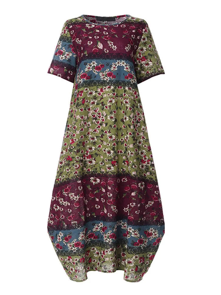 Women's Floral Printed Round Neck Short Sleeve Maxi Dress