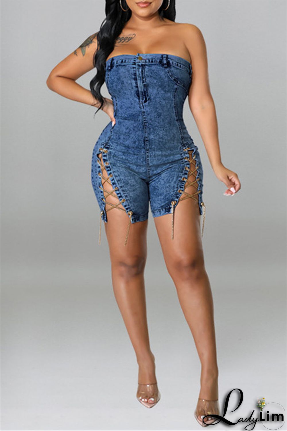 Deep Blue Fashion Sexy Solid Chains Backless Strapless Skinny Romper