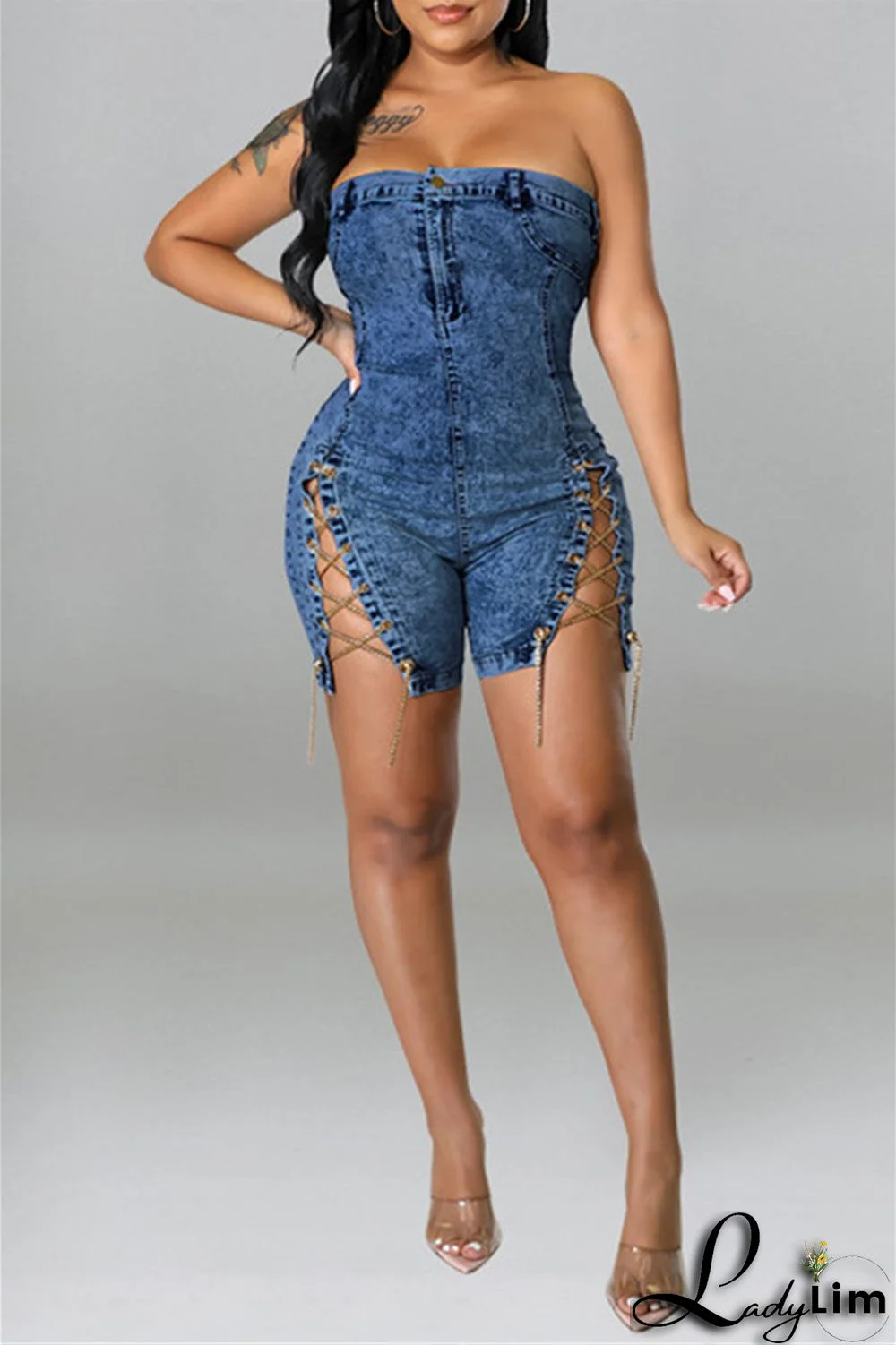 Deep Blue Fashion Sexy Solid Chains Backless Strapless Skinny Romper