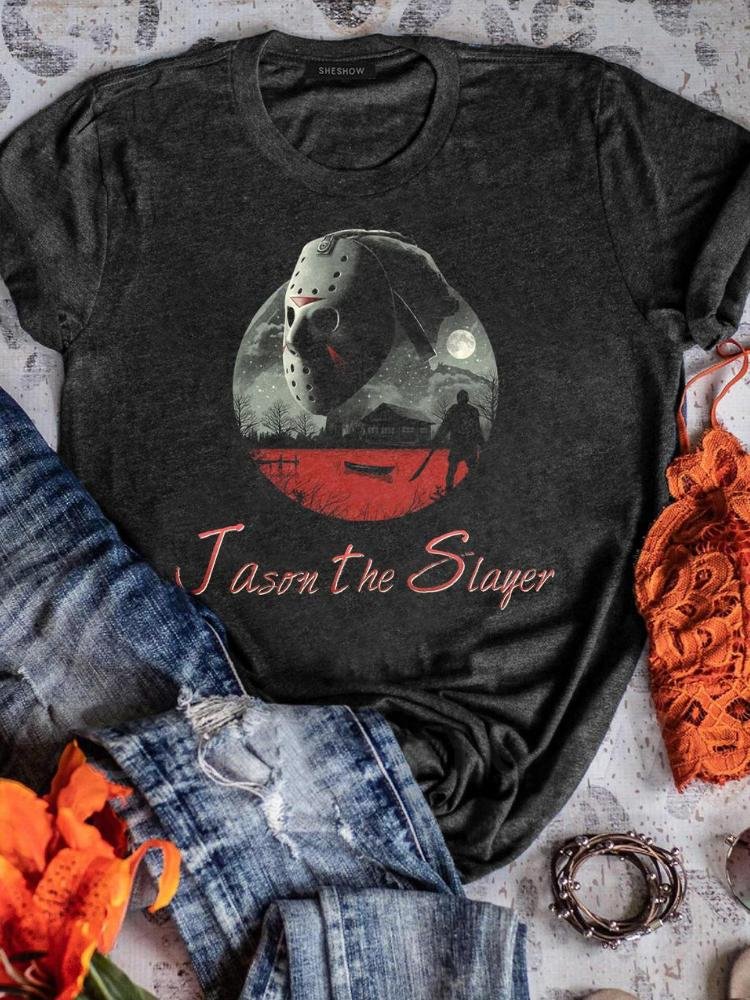 Classic Horror Movie Friday The 13th Graphic Jason The Slayer Printed Round Neck T-Shirt