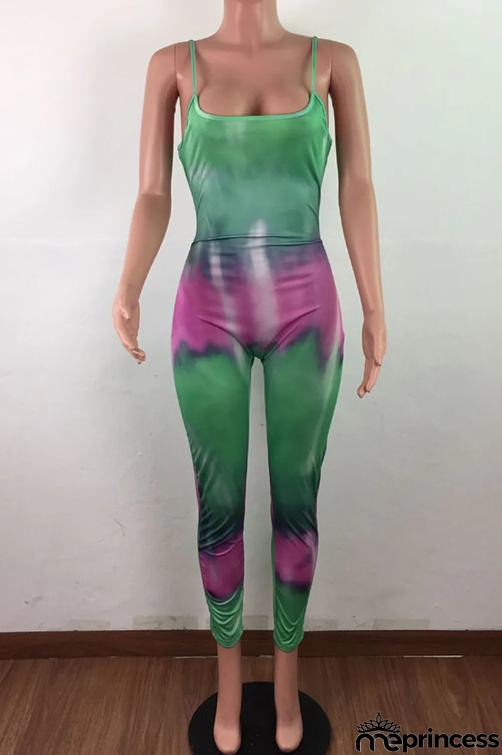 Blue Fashion Sexy Tie-dyed Sleeveless Slip Jumpsuits