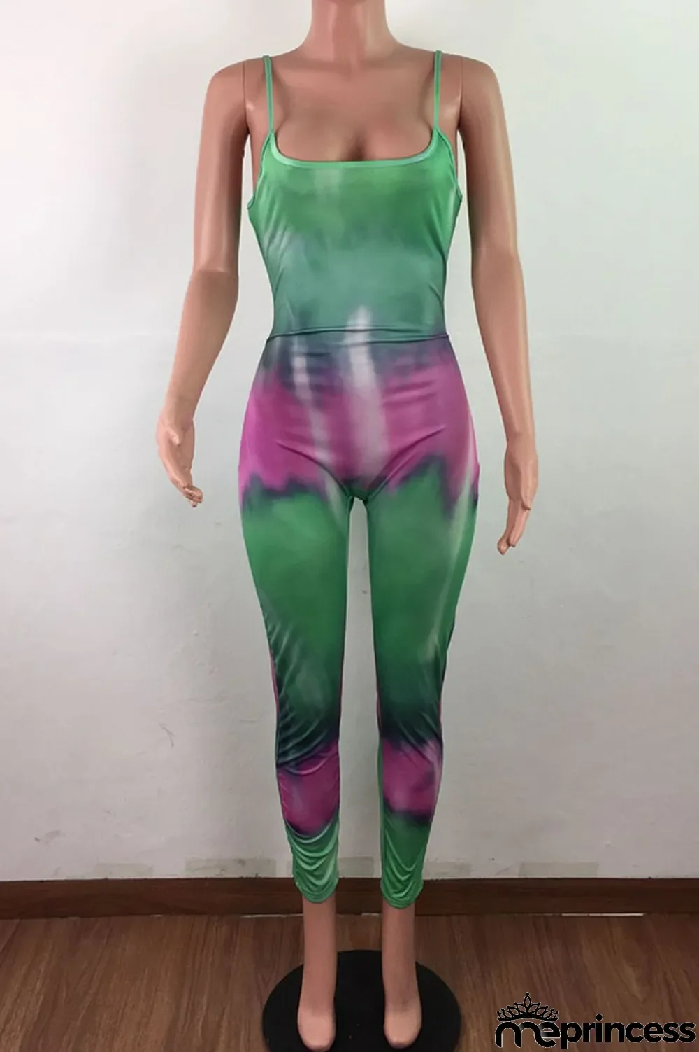 Blue Fashion Sexy Tie-dyed Sleeveless Slip Jumpsuits